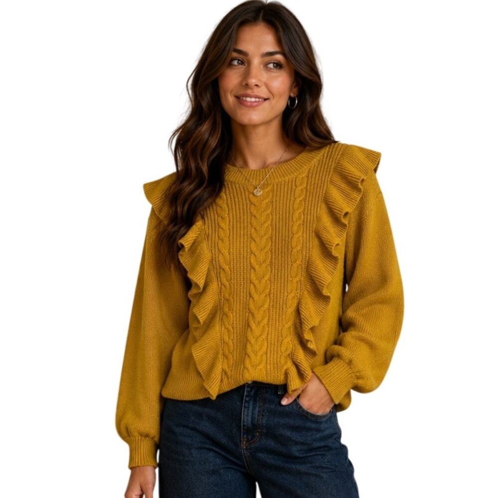 DRA Ruffled Sweater Womens Large Mustard Chunky Cable Knit Boho Anthropologie